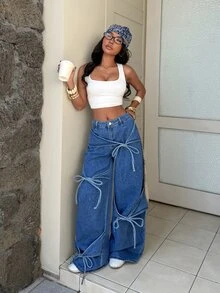 SHEIN PETITE Women's Front Knot Design Wide Leg Loose Casual Denim Jeans - Blue - View 9