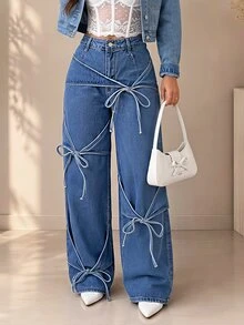 SHEIN PETITE Women's Front Knot Design Wide Leg Loose Casual Denim Jeans - Blue - View 10