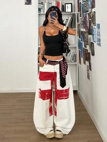 SHEIN PETITE Women's Casual Daily Travel Denim Wide Leg Pants With Pocket And Button Colorblock Design - White - View 5