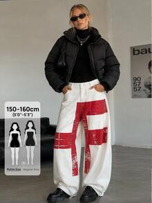 SHEIN PETITE Women's Casual Daily Travel Denim Wide Leg Pants With Pocket And Button Colorblock Design - White - View 3