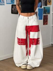 SHEIN PETITE Women's Casual Daily Travel Denim Wide Leg Pants With Pocket And Button Colorblock Design - White - View 6