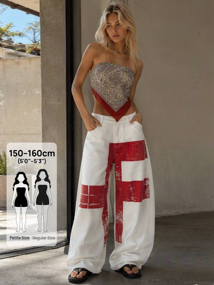 SHEIN PETITE Women's Casual Daily Travel Denim Wide Leg Pants With Pocket And Button Colorblock Design - White - View 1