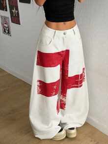 SHEIN PETITE Women's Casual Daily Travel Denim Wide Leg Pants With Pocket And Button Colorblock Design - White - View 4