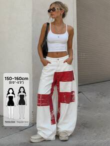 SHEIN PETITE Women's Casual Daily Travel Denim Wide Leg Pants With Pocket And Button Colorblock Design - White - View 2