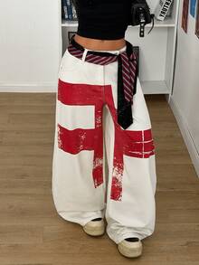 SHEIN PETITE Women's Casual Daily Travel Denim Wide Leg Pants With Pocket And Button Colorblock Design - White - View 9