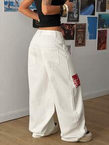 SHEIN PETITE Women's Casual Daily Travel Denim Wide Leg Pants With Pocket And Button Colorblock Design - White - View 8