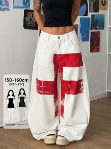 SHEIN PETITE Women's Casual Daily Travel Denim Wide Leg Pants With Pocket And Button Colorblock Design - White - View 7