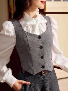Vintamour 女款休閒優雅背心 灰色 秋冬辦公室工作穿搭 女裝職場服飾 鄉村風 聖誕 校園 - 灰色 - 查看 3