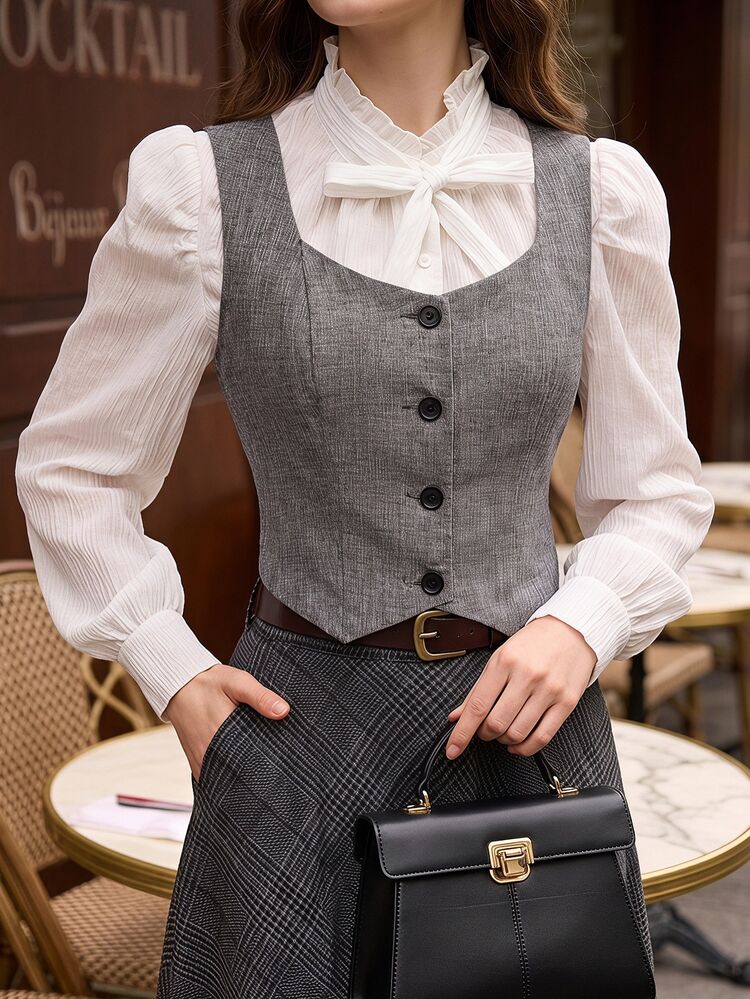 Vintamour Women's Casual Elegant Vest Office Gray Fall/Winter Work Outfits For Women Workwear For Women Office Country Style For Women Christmas School - Grey - View 1