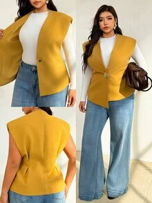 Auralis Plus Size Metal Button Asymmetrical Hem Vest Jacket For Business Office - Yellow - View 2