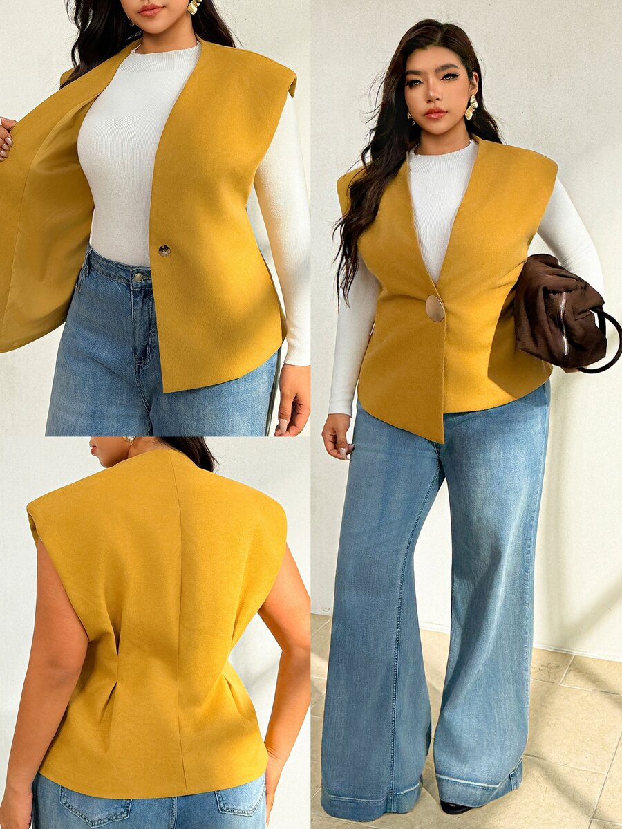 Auralis Plus Size Metal Button Asymmetrical Hem Vest Jacket For Business Office