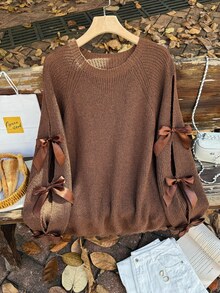 Firerie Plus Size Loose Knit Sweater With Hollow Bow Knot Decor, Plus Size Cute Fall Pullover In Beige, For Winter Autumn Fall/Winter - Brown - View 6