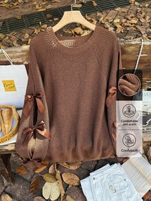 Firerie Plus Size Loose Knit Sweater With Hollow Bow Knot Decor, Plus Size Cute Fall Pullover In Beige, For Winter Autumn Fall/Winter - Brown - View 1