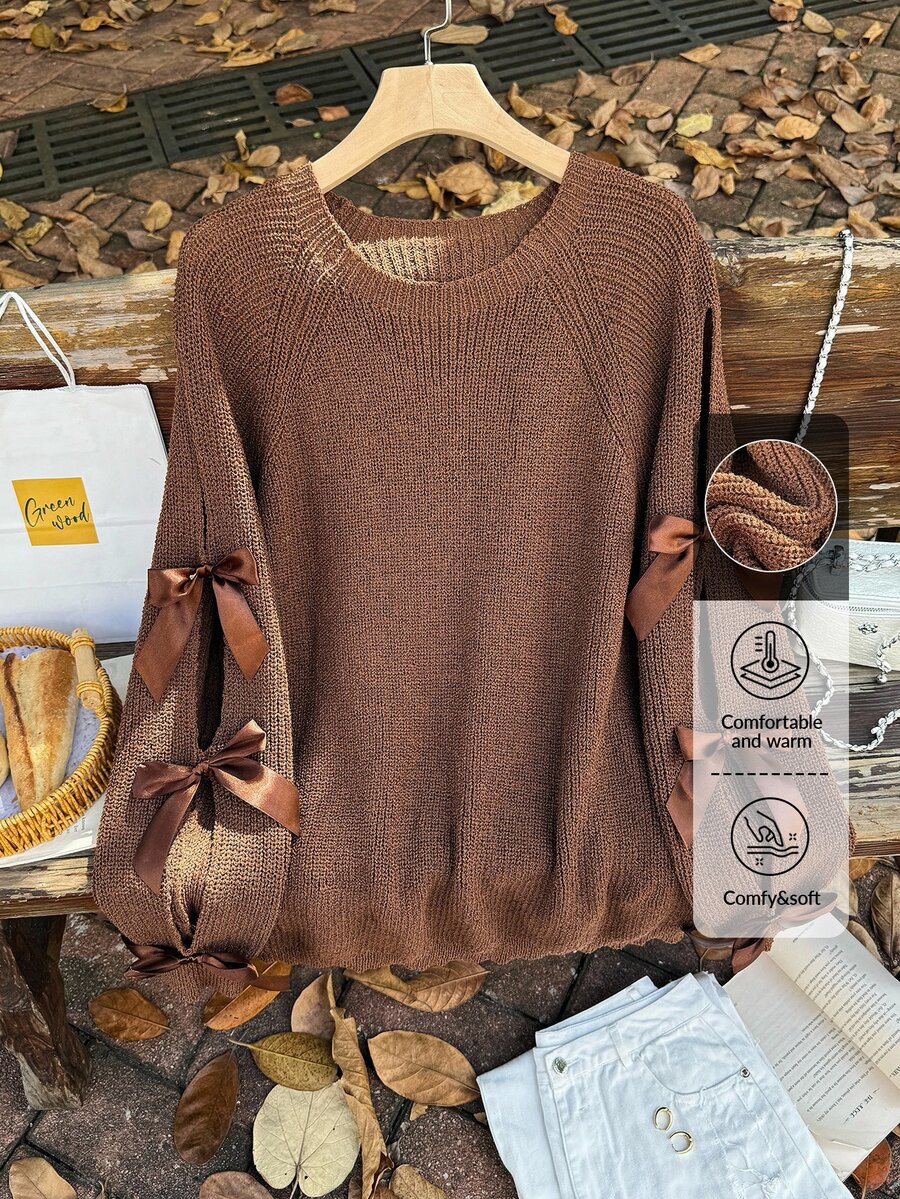 Firerie Plus Size Loose Knit Sweater With Hollow Bow Knot Decor, Plus Size Cute Fall Pullover In Beige, For Winter Autumn Fall/Winter - Brown - View 1
