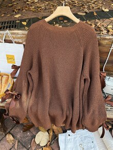 Firerie Plus Size Loose Knit Sweater With Hollow Bow Knot Decor, Plus Size Cute Fall Pullover In Beige, For Winter Autumn Fall/Winter - Brown - View 2