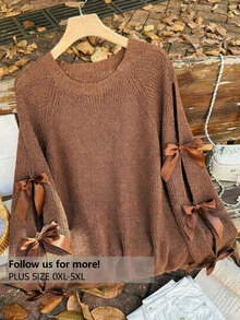 Firerie Plus Size Loose Knit Sweater With Hollow Bow Knot Decor, Plus Size Cute Fall Pullover In Beige, For Winter Autumn Fall/Winter - Brown - View 7