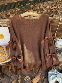 Firerie Plus Size Loose Knit Sweater With Hollow Bow Knot Decor, Plus Size Cute Fall Pullover In Beige, For Winter Autumn Fall/Winter - Brown - View 4