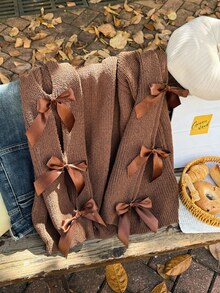 Firerie Plus Size Loose Knit Sweater With Hollow Bow Knot Decor, Plus Size Cute Fall Pullover In Beige, For Winter Autumn Fall/Winter - Brown - View 5