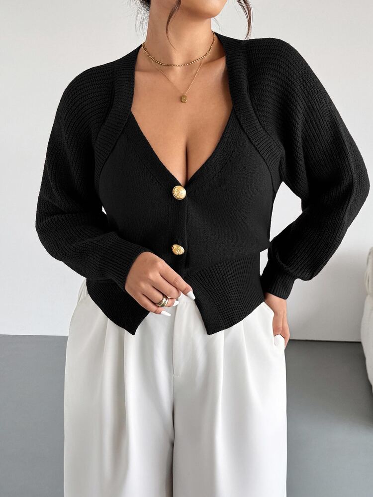 Firerie Plus Size Solid Color Front Button Long Sleeve Casual Elegant Knit Cardigan In Autumn Office Black And Gold - Black - View 4