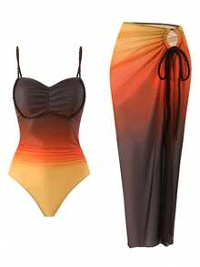 Bonvoyette Women's Ombre Digital Print One-Piece Swimsuit,Braided Strap,Mesh Skirt,Orange,Summer,Casual,Beach,Holiday,Vacation,Holiday - Brown - View 8