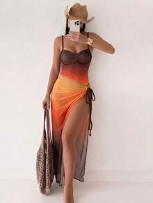 Bonvoyette Women's Ombre Digital Print One-Piece Swimsuit,Braided Strap,Mesh Skirt,Orange,Summer,Casual,Beach,Holiday,Vacation,Holiday - Brown - View 5