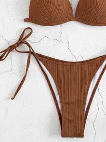 SHEIN Swim 女款夏季海灘純色掛脖繫帶性感時尚比基尼兩件式泳衣套裝 PUSH UP 無鋼圈 - 棕色 - 查看 3