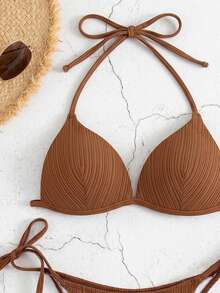 SHEIN Swim 女款夏季海灘純色掛脖繫帶性感時尚比基尼兩件式泳衣套裝 PUSH UP 無鋼圈 - 棕色 - 查看 6