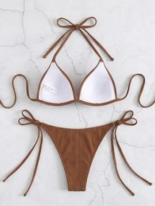 SHEIN Swim 女款夏季海灘純色掛脖繫帶性感時尚比基尼兩件式泳衣套裝 PUSH UP 無鋼圈 - 棕色 - 查看 2
