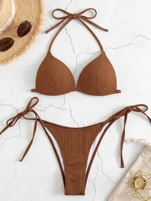 SHEIN Swim 女款夏季海灘純色掛脖繫帶性感時尚比基尼兩件式泳衣套裝 PUSH UP 無鋼圈 - 棕色 - 查看 5