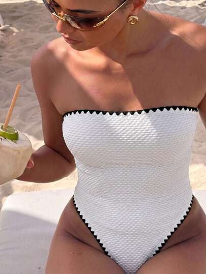 SHEIN Swim Women's Elegant Casual Detachable Shoulder Strap Bandeau One-Piece Swimsuit, Textured Fabric Fashion Contrast Color Gradient, Suitable For Summer Beach Vacation, Beach Party Outfits, 2026 Women's Spring/Summer Beach Vacation One-Piece Swimsuit