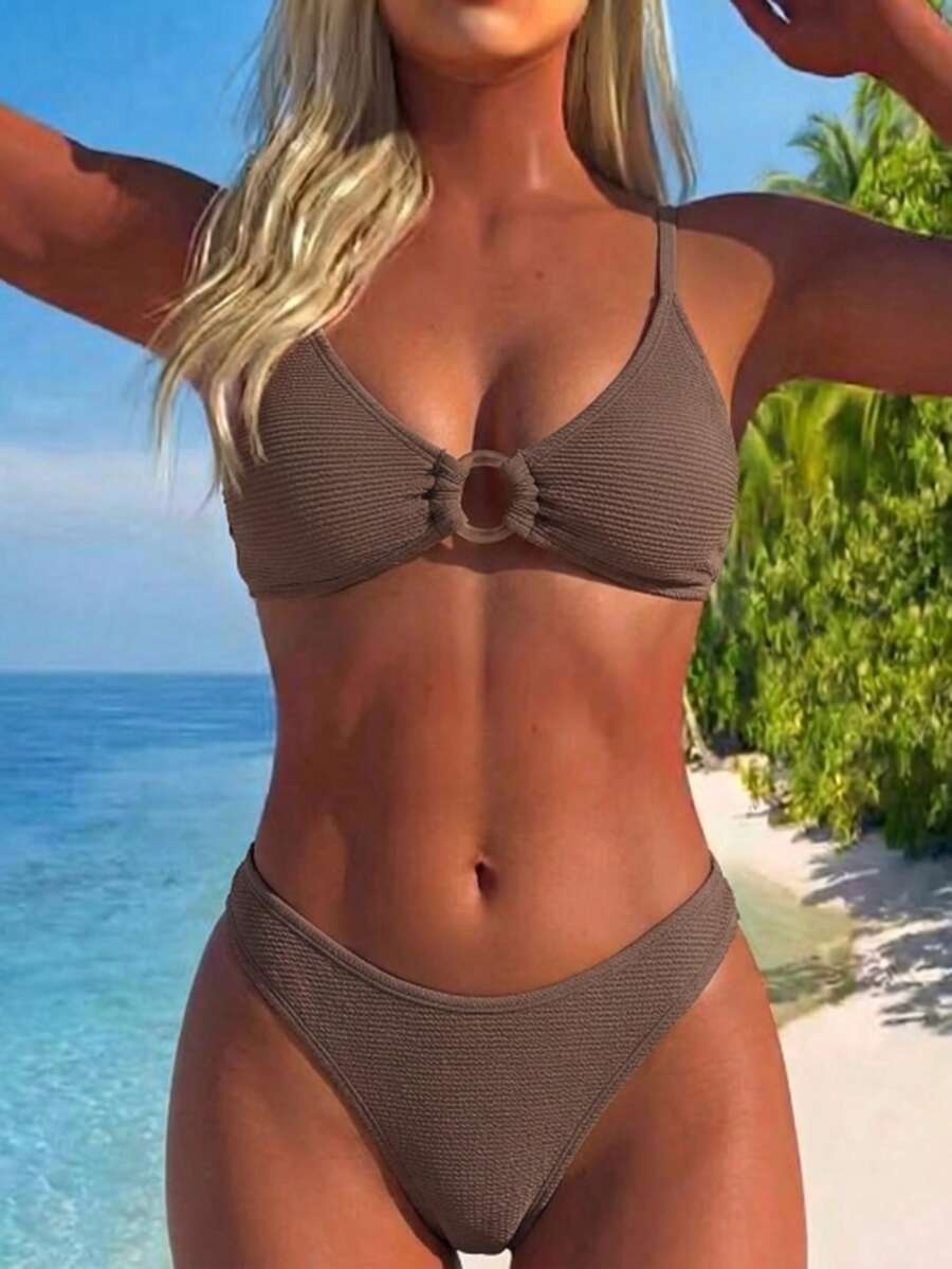 SHEIN Swim Summer Beach Women's Round Ring Connect Bikini Set - Coffee Brown - View 1