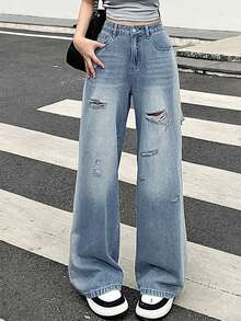 DAZY Women's Pocket Button Distressed Design Casual Versatile Daily Wear Wide Leg Jeans Cute Tops - Baby Blue - View 5