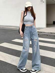 DAZY Women's Pocket Button Distressed Design Casual Versatile Daily Wear Wide Leg Jeans Cute Tops - Baby Blue - View 2