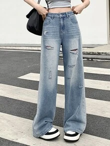 DAZY Women's Pocket Button Distressed Design Casual Versatile Daily Wear Wide Leg Jeans Cute Tops - Baby Blue - View 3