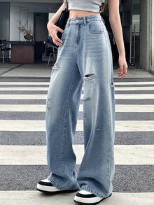 DAZY Women's Pocket Button Distressed Design Casual Versatile Daily Wear Wide Leg Jeans Cute Tops - Baby Blue - View 6