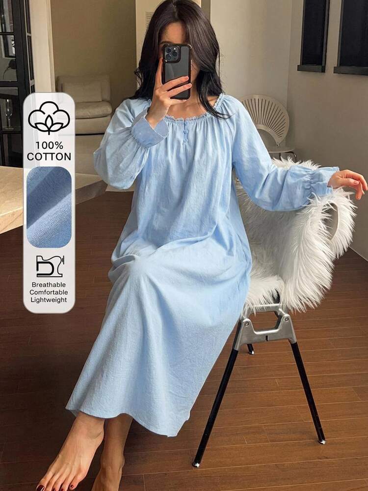 DAZY Women's Solid Color Long Sleeve Nightgown, Autumn - Baby Blue - View 6