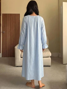 DAZY Women's Solid Color Long Sleeve Nightgown, Autumn - Baby Blue - View 2