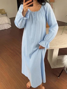 DAZY Women's Solid Color Long Sleeve Nightgown, Autumn - Baby Blue - View 5