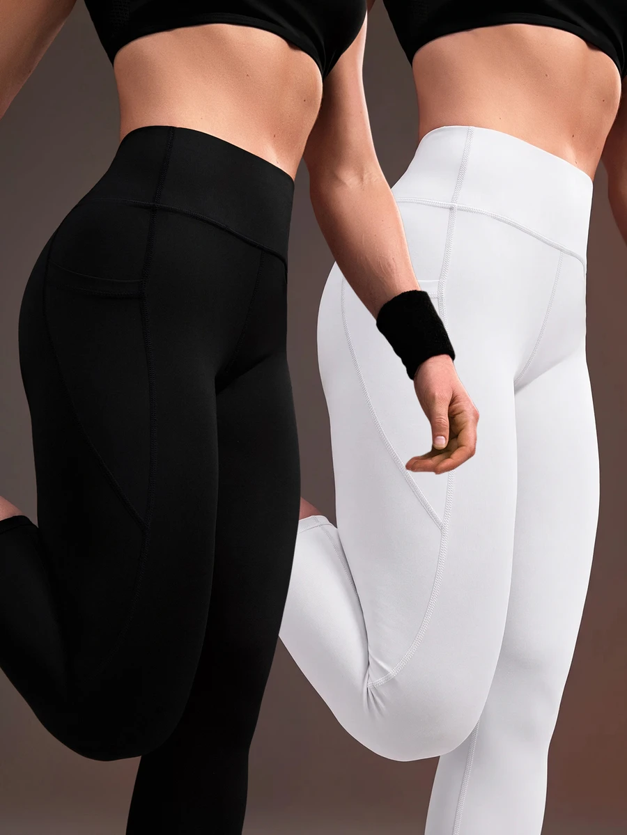 Powerista Women's Casual Solid Color Slim Fit Sports Leggings 2pcs/Pack - Black and White - View 1