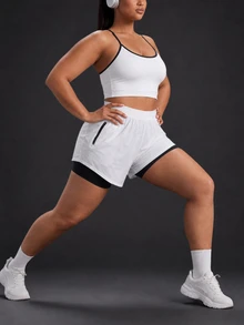 Powerista Women's Plus Size White And Navy Blue Color Block Sports Bra And Shorts Set - White - View 6