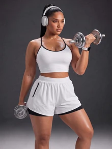 Powerista Women's Plus Size White And Navy Blue Color Block Sports Bra And Shorts Set - White - View 4