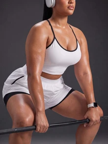 Powerista Women's Plus Size White And Navy Blue Color Block Sports Bra And Shorts Set - White - View 5