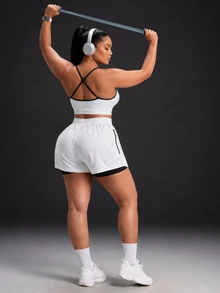 Powerista Women's Plus Size White And Navy Blue Color Block Sports Bra And Shorts Set - White - View 2
