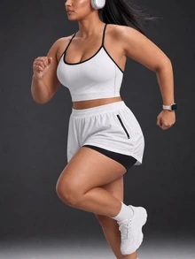Powerista Women's Plus Size White And Navy Blue Color Block Sports Bra And Shorts Set - White - View 1