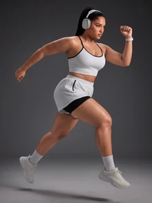 Powerista Women's Plus Size White And Navy Blue Color Block Sports Bra And Shorts Set - White - View 7