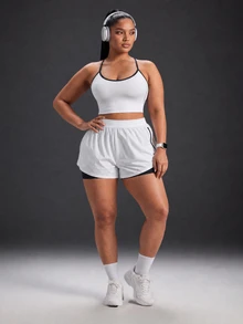 Powerista Women's Plus Size White And Navy Blue Color Block Sports Bra And Shorts Set - White - View 3