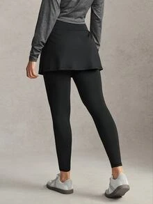 Activina Women's Modest Solid Color Double-Layer Sports Leggings, Simple, Versatile, Slim Fit, High Elasticity, Middle Eastern Autumn Style. - Black - View 9