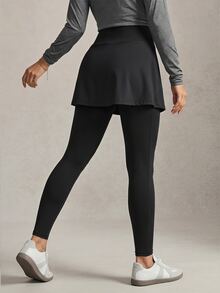Activina Women's Modest Solid Color Double-Layer Sports Leggings, Simple, Versatile, Slim Fit, High Elasticity, Middle Eastern Autumn Style. - Black - View 2
