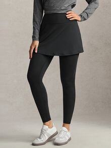 Activina Women's Modest Solid Color Double-Layer Sports Leggings, Simple, Versatile, Slim Fit, High Elasticity, Middle Eastern Autumn Style. - Black - View 7