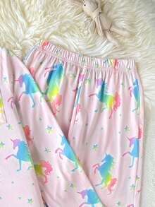 SHEIN 兒童青少年女孩可愛小馬印花家居服套裝休閒居家穿搭百搭 - 粉色 - 查看 6